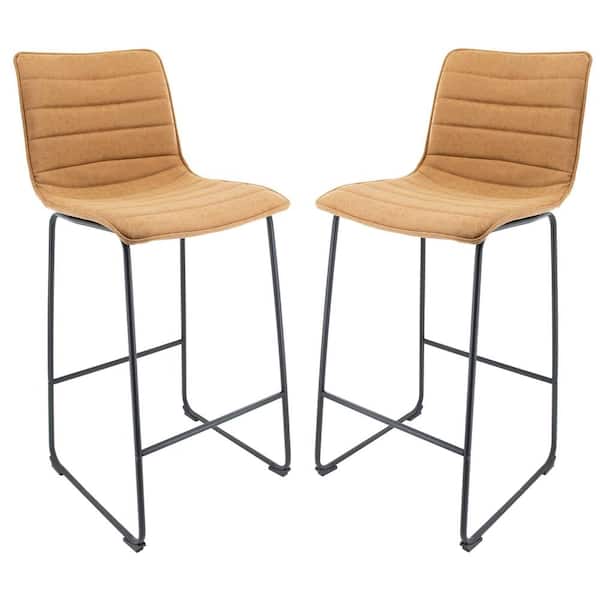Leisuremod Brooklyn 29.9" Modern Leather Bar Stool With Black Iron Base & Footrest Set of 2 in Light Brown