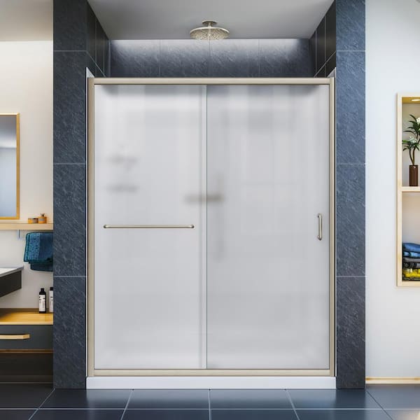 DreamLine Infinity-Z 30 in. x 60 in. Semi-Frameless Sliding Shower Door in Brushed Nickel with Center Drain Base and BackWalls