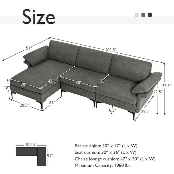 100.5 in. W Square Arm 3-Piece Polyester Modular Modern Sectional Sofa with Reversible Chaise and 2-USB Ports Gray
