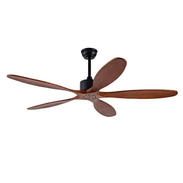 60 in. Modern Standard Ceiling Fan with 5 Solid Wood Blades, Black Body, Downrod Mount, Remote, Reversible DC Motor