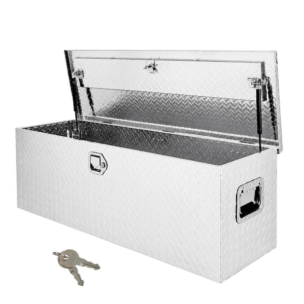 Aluminum Truck Bed Tool Box, 48 in Diamond Plate Tool Box with Lock, Trailer Storage Chest Box with handles
