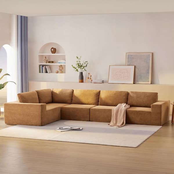 Harper & Bright Designs 116 in. Square Arm 5-Piece Terrycloth Fabric L-shape Convertible Sectional Sofa in Brown