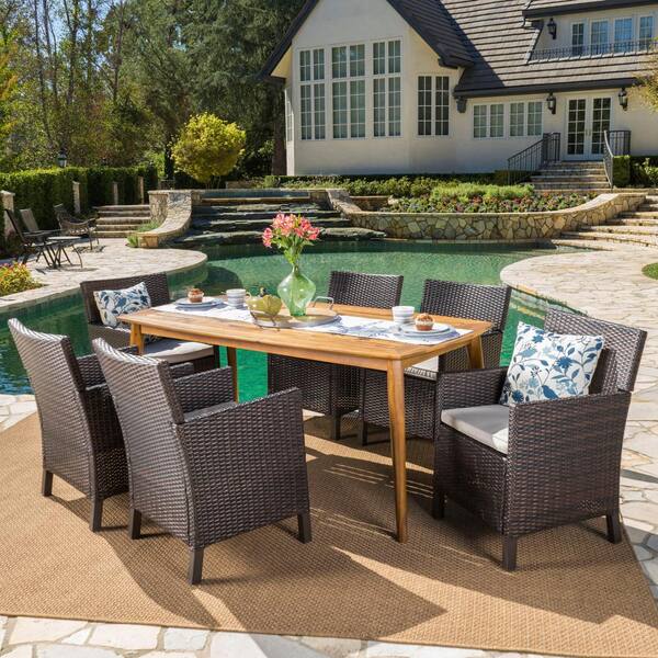 Noble House Reese 29.25 in. Multi-Brown 7-Piece Metal Round Outdoor Dining Set with Light Brown Cushions