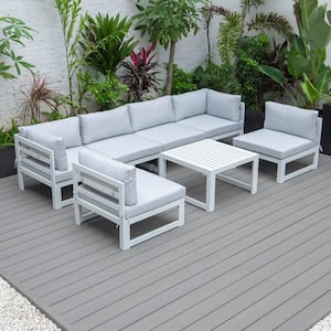 Chelsea 7-Piece Patio Sectional And Coffee Table Set White Aluminum With Light Grey Cushions