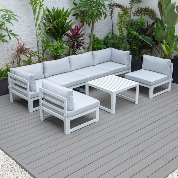 Leisuremod Chelsea 7-Piece Patio Sectional And Coffee Table Set White Aluminum With Light Grey Cushions
