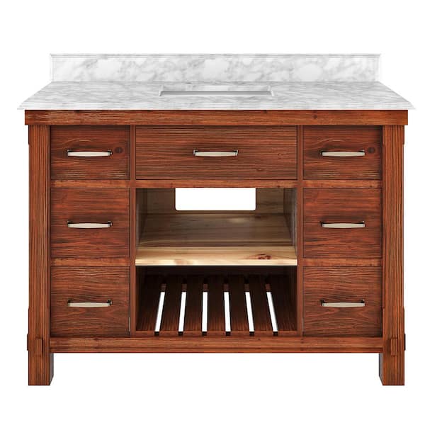 Solid Wood 48 in. W x 22 in. D x 35.4 in. H Single Sink Bath Vanity in Brown with Carrara White Natural Marble Top