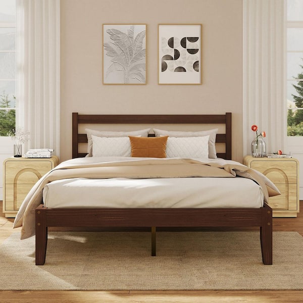 Mid Century Pine Walnut Brown Solid Wood Frame Queen Size Platform Bed with Headboard