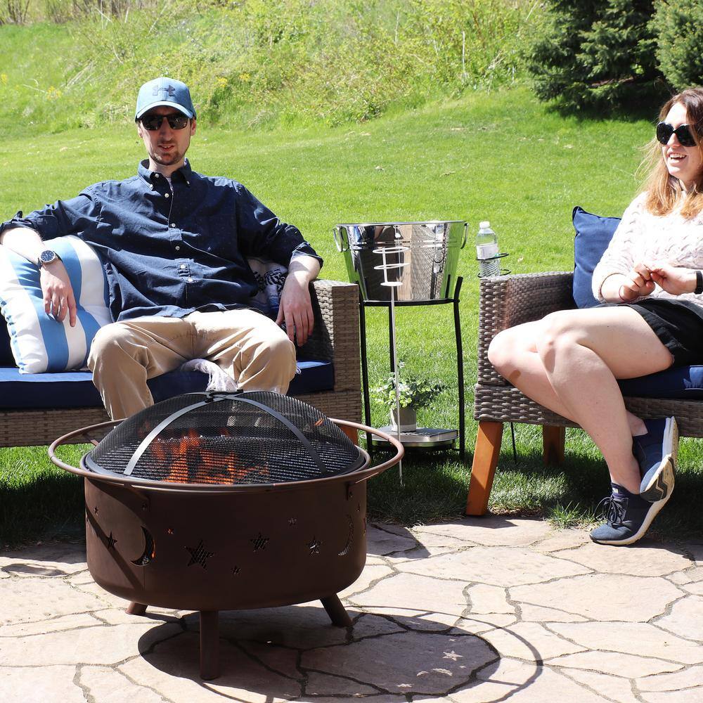 Bronze 30" Round Wood-Burning Steel Fire Pit with Cooking Grate