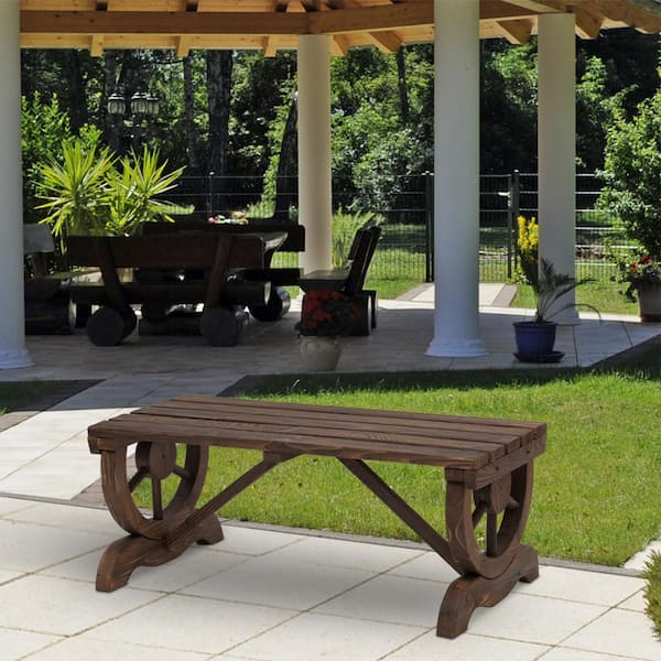 Rustic Wood Wheel Outdoor Garden Bench for 2-People with a Unique Wheel Design on the Legs and Durable Build