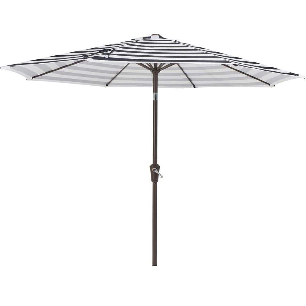 9 ft. Iron Market Tilt Patio Umbrella in Black and White Stripe with Push B