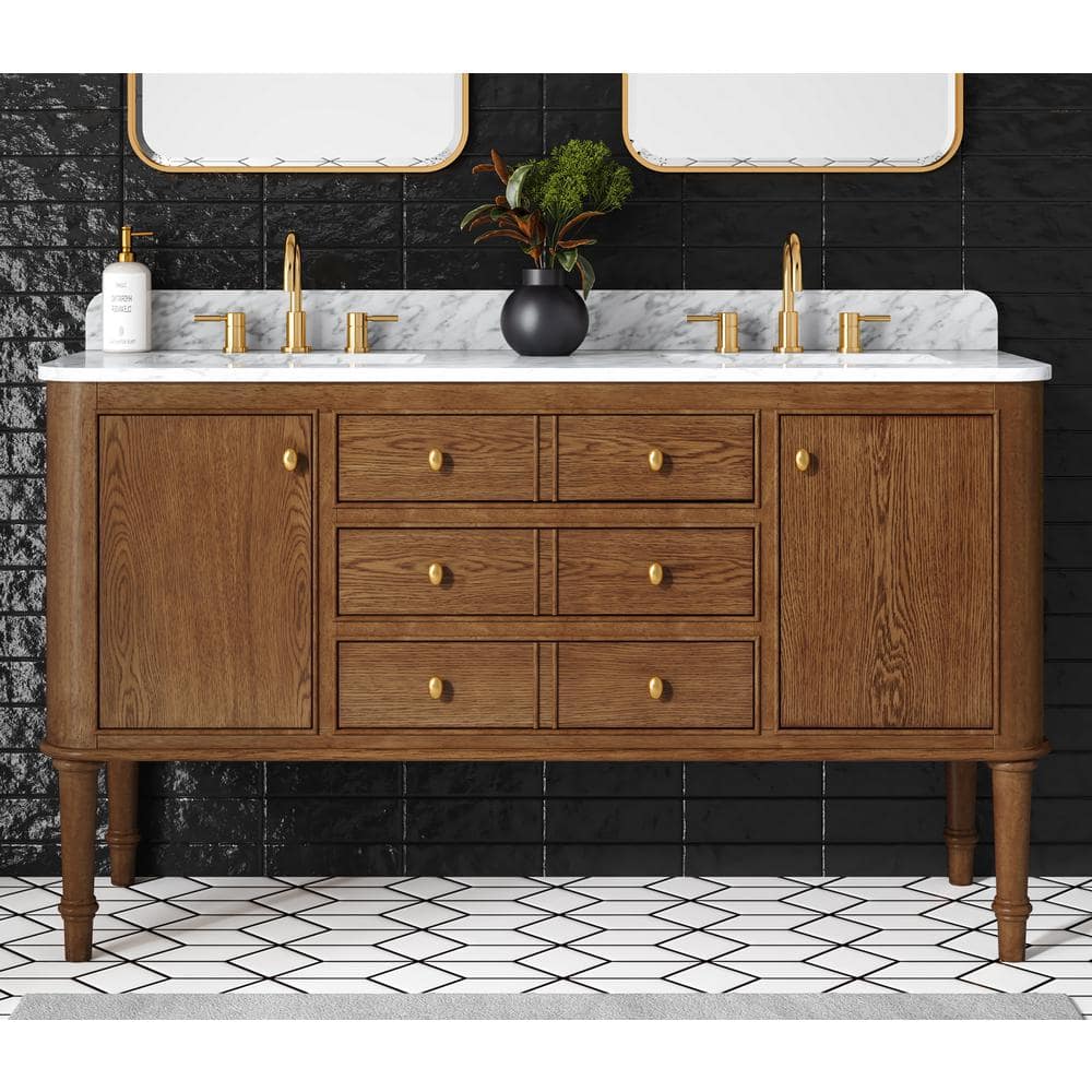 Collette 60 in W x 22 in D x 35 in H Double Sink Bath Vanity in Cinnamon Oak With White Carrara Marble Top -  Home Decorators Collection, 23016-VS60-CO