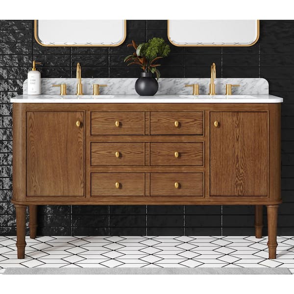 Collette 60 in. Double Sink Cinnamon Oak Bath Vanity with White Carrara Marble Top (Assembled)