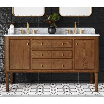 Collette 60 in W x 22 in D x 35 in H Double Sink Bath Vanity in Cinnamon Oak With White Carrara Marble Top