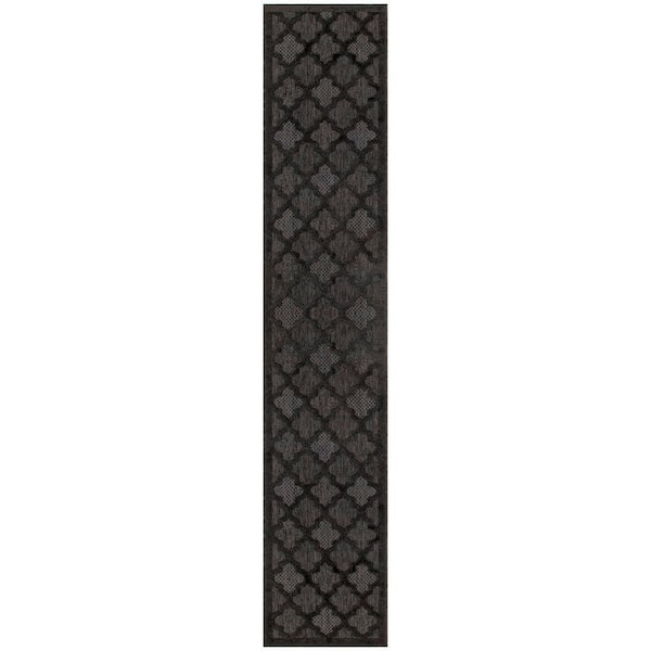 Easy Care Charcoal Black 2 ft. x 12 ft. Trellis Contemporary Runner Area Rug