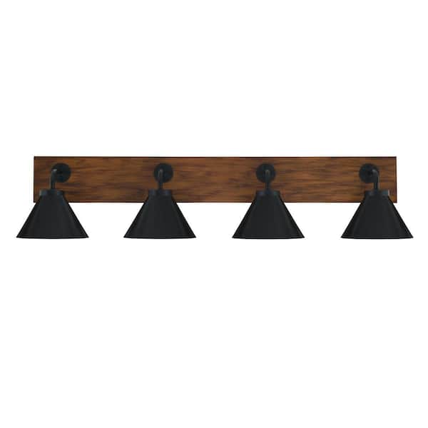 Unbranded Kirby 37.75 in. 4 Light Black and Painted Wood-look Vanity Light with 7 in. Matte Black Metal Shades No Bulbs Included