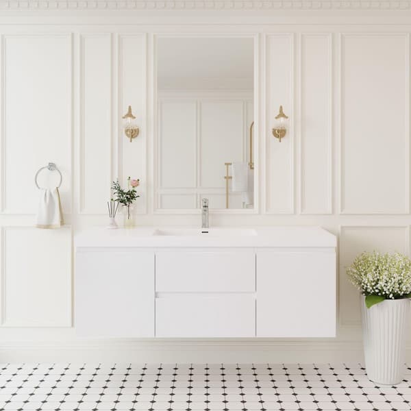 60 in. W Floating Bathroom Vanity in Glossy White with White Resin Top Basin, Soft Close Drawers