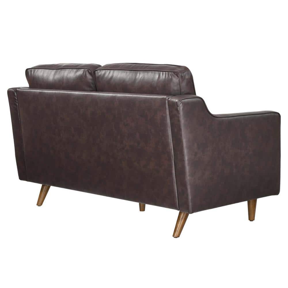 Mid-Century Genuine Leather Brown Loveseat with Walnut Legs