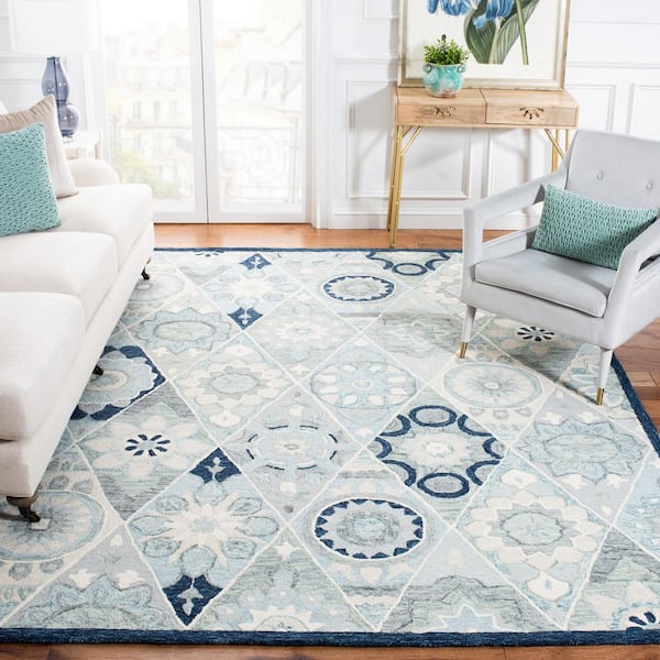 Suzani 9 ft. x 12 ft. Blue/Ivory Floral Border Area Rug