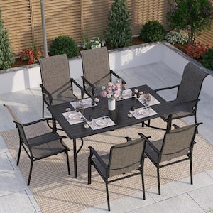 Black 7-Piece Metal Rectangle Table Outdoor Patio Dining Set with Padded Textilene Chairs