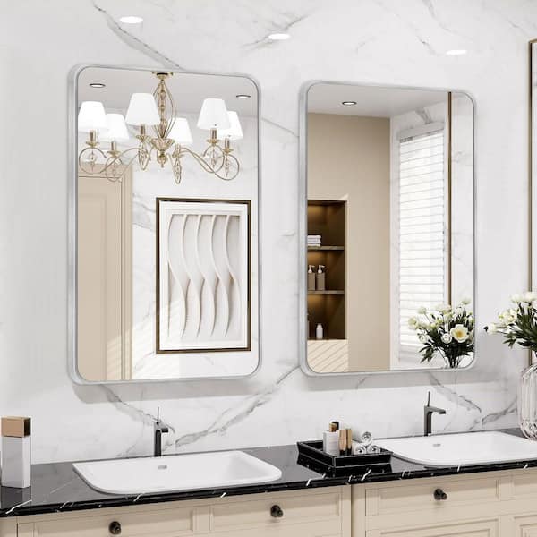 22 in. W x 30 in. H Modern Rectangular Aluminum Alloy Silver Rounded Corner Wall Mirror/Decorative Mirror