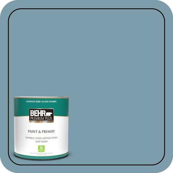 BEHR PREMIUM PLUS 1 qt. #S470-4 Dolphin Blue Semi-Gloss Enamel Low Odor Interior Paint & Primer