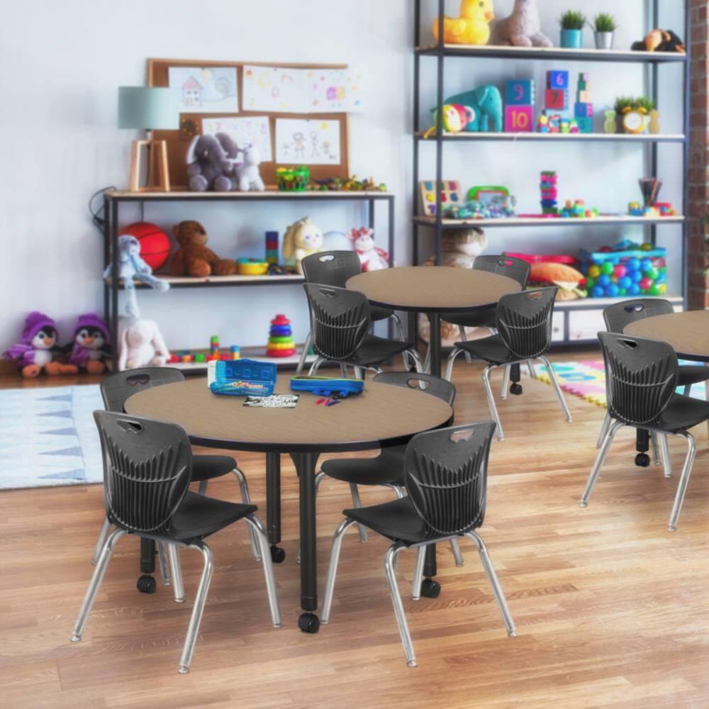 Kee 42 in. Round Noble Oak Mobile Adjustable Classroom Table Desk with Black Base and 4 Andy 12 in. Black Stack Chairs