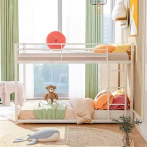 White Twin Over Twin Low Bunk Bed with Ladder, Sturdy Metal Frame with Safety Rails