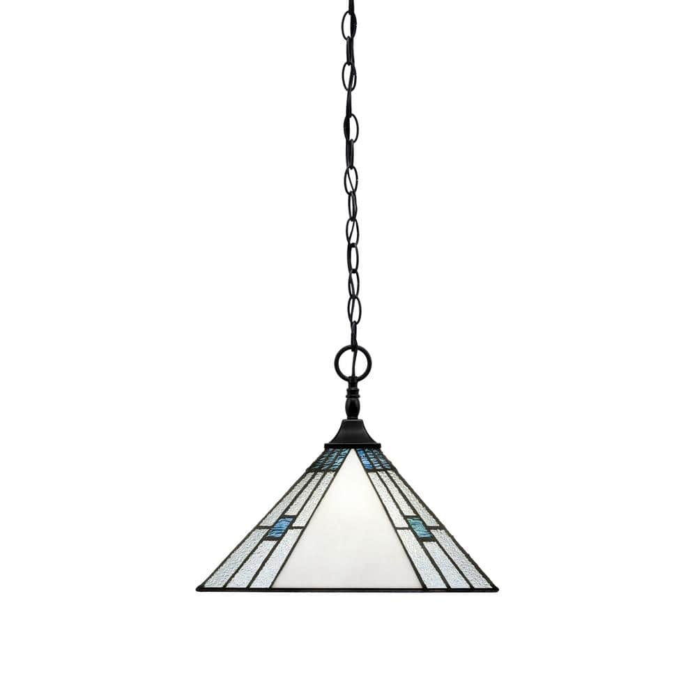 Kingston 14 in. 1-Light Matte Black Chain Pendant Light with 14 in. Sky Ice
