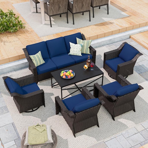 MeetLeisure 6-Piece Brown Wicker Outdoor Patio Conversation Set Swivel Chair with Blue Cushions and Coffee Table