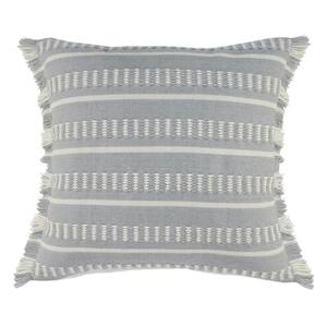 Dash Blue/White Square Striped Outdoor Throw Pillow with Fringe