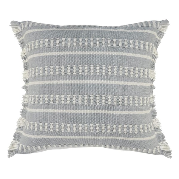 Unbranded Dash Blue/White Square Striped Outdoor Throw Pillow with Fringe
