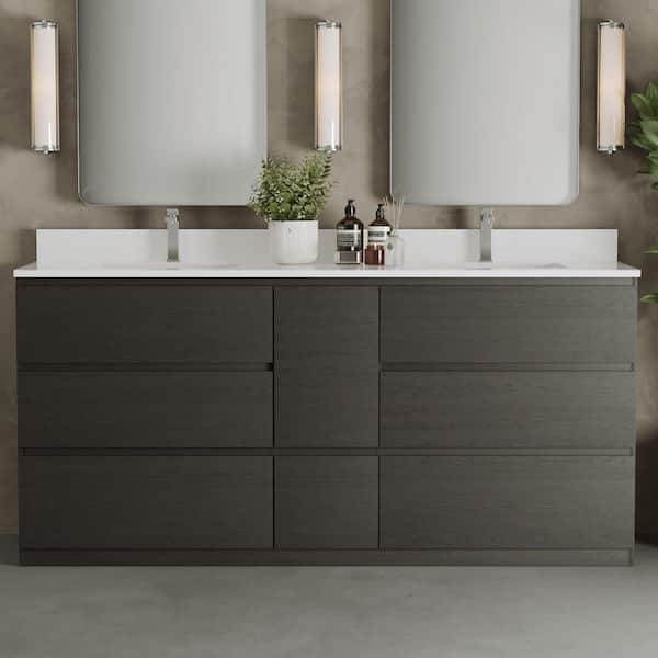 Vamo 72in. Double Sink Walnut Bath Vanity with White Engineered Stone Top
