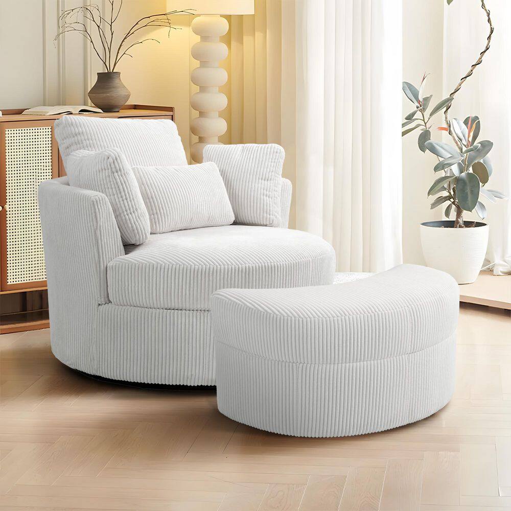 Beige Corduroy Fabric Upholstered Swivel Accent Barrel Chair with Storage Ottoman and Pillows (Set of 1)