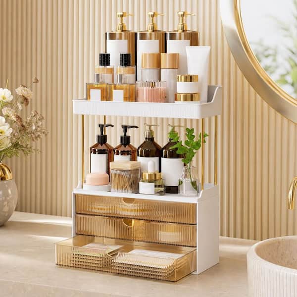 Numhew Tabletop 3-Drawer Medium Vanity Organizer in White, 2-Tier Skincare Storage with Smooth Drawers for Counter and Vanity