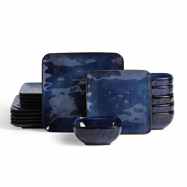 Ceramic Blue Square 12-Piece Dinnerware Set for 6: 10 in Plates, 8 in Salad Plates, 24 oz. Bowls, Microwave Safe