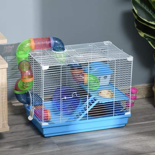 PawHut Small Hamster Carrier Cage w Exercise Wheels Tunnel and Tube Blue Blue