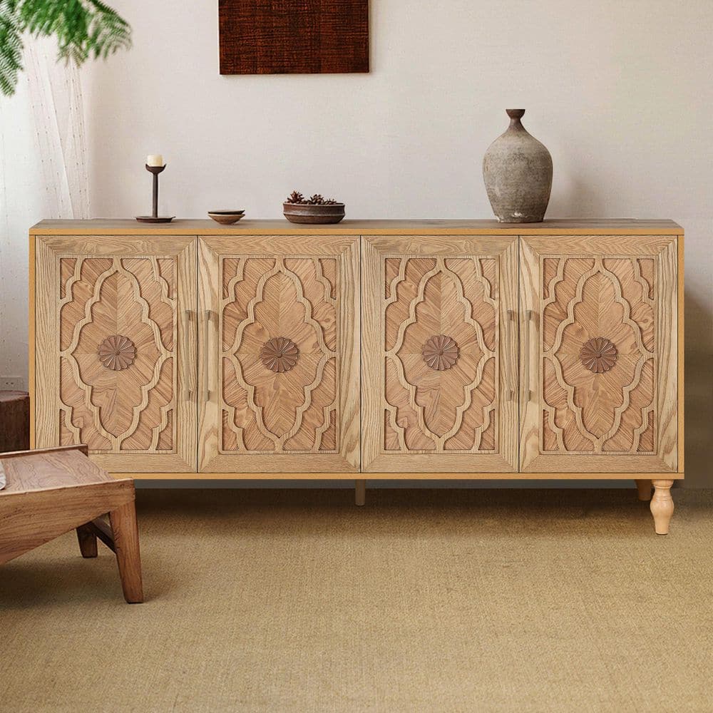 63 in. W Natural Wood Finish MDF Storage Cabinet Carved Flower Door Metal Handle for Living Room Kitchen Entryway