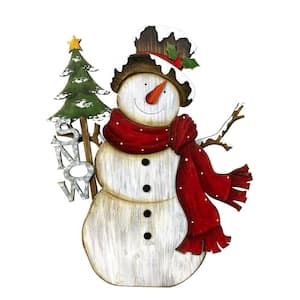 18 in. Snowman with Tree and 'Snow' Sign Wooden Christmas Decoration