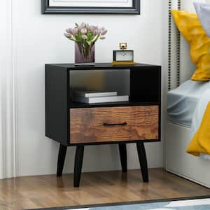 1-Drawer Black Wood Nightstand With Open Shelf and Solid Wood Legs, Side Table Bedside Table 23.6"H x 19.7"W x 15.7"D