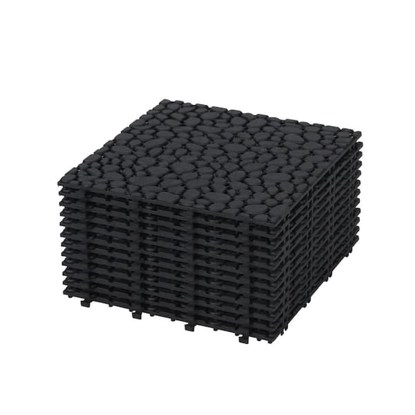 GOGEXX 1 ft. x 1 ft. PVC Deck Tiles in Black 12of Tiles Interlocking Flooring Pebble Stone Pattern Outdoor Anti-slip(12-Pieces)