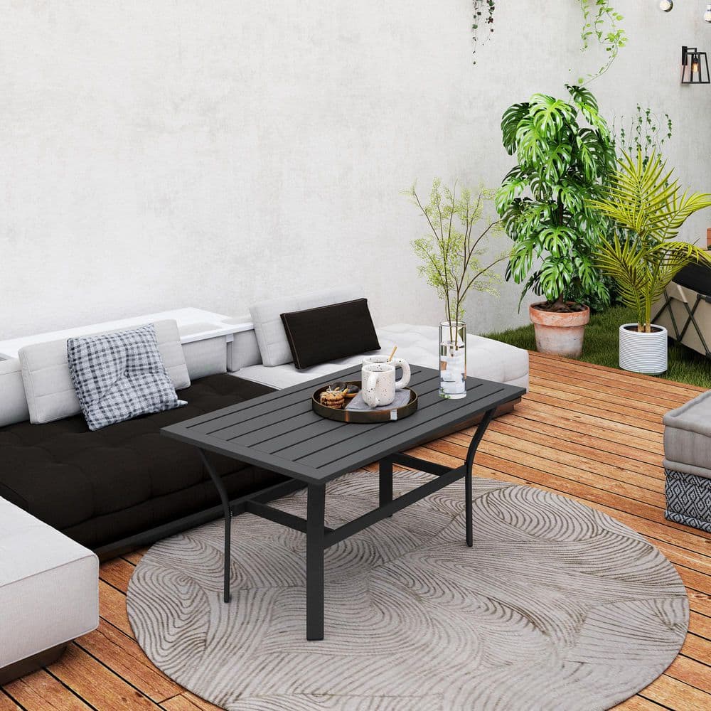 Black Metal Outdoor Coffee Table with Slatted Top, 36"