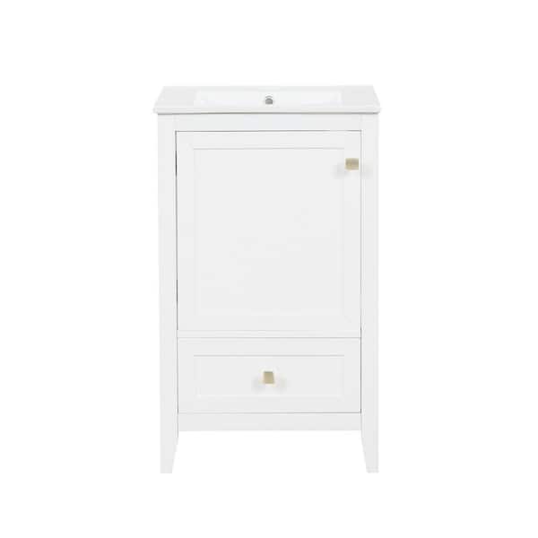 20 in. Single Sink Freestanding White Bath Vanity with White Ceramic Top, Adjustable Foot Pads