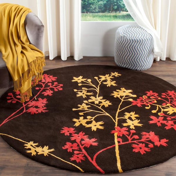 Soho 8 ft. x 8 ft. Round Brown/Red Floral Area Rug