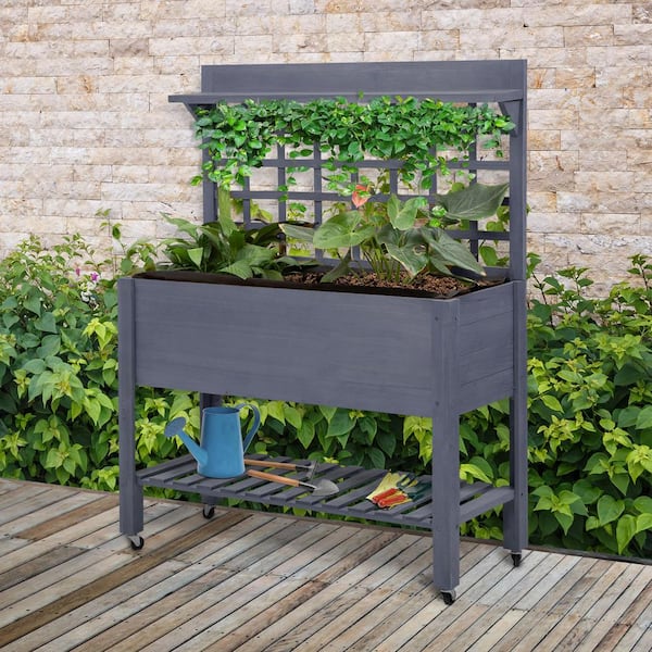 41 in. Gray Wood Raised Garden Bed with Trellis on Wheels