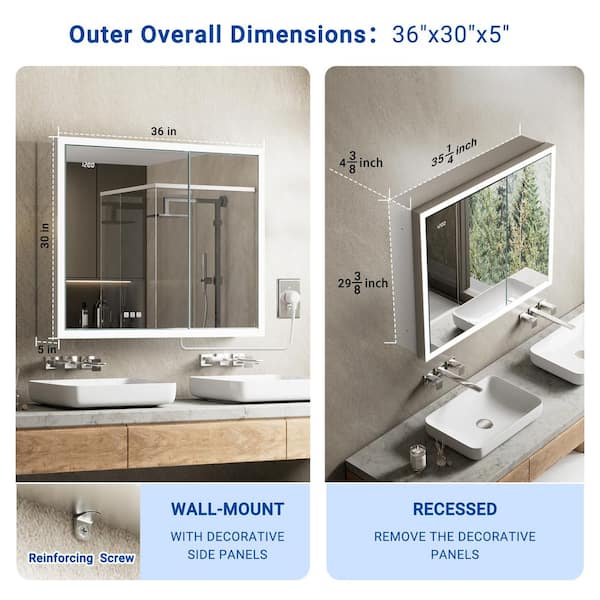 Elega 36 in. W x 30 in. H Rectangular Aluminum Recessed/Wall Mount Dimmable Fogless Lighted Medicine Cabinet with Mirror