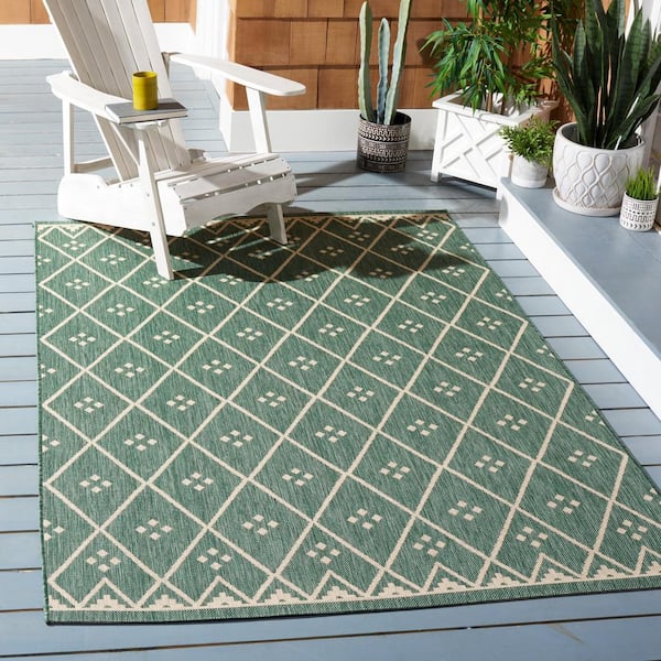 Courtyard Dark Green/Beige 8 ft. x 10 ft. Tribal Diamond Indoor/Outdoor Patio  Area Rug