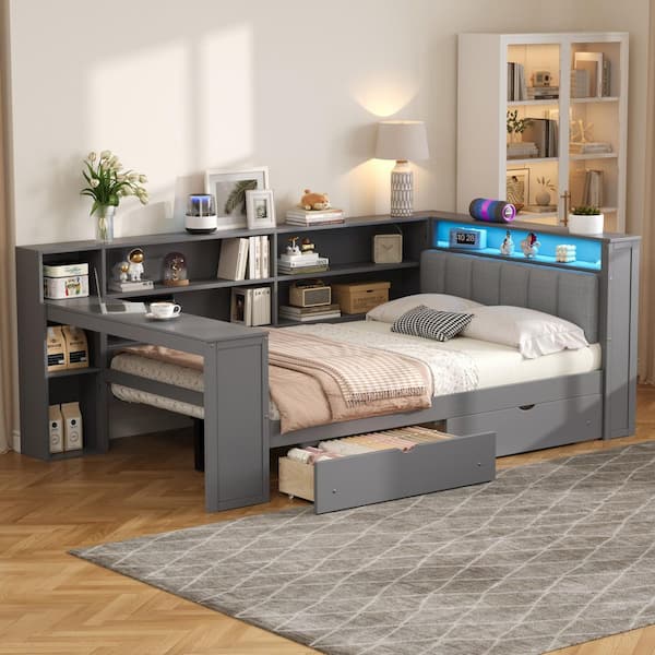 Diane Grey Linen Upholstered Full Size Daybed with Storage Shelves, Drawers, Charging Station, LED, Desk