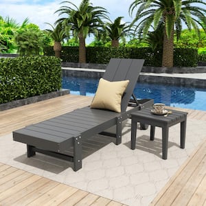 Shoreside 2-Piece Modern Plastic Outdoor Reclining Chaise Lounge With Wheels and Side Table in Gray