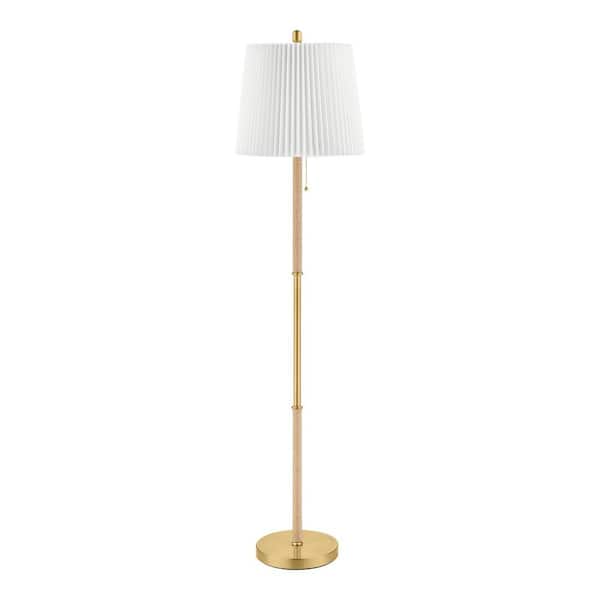 Hampton Bay Selatir 60 in. Steel Aged Brass Standard Indoor Floor Lamp with White Fabric Shade