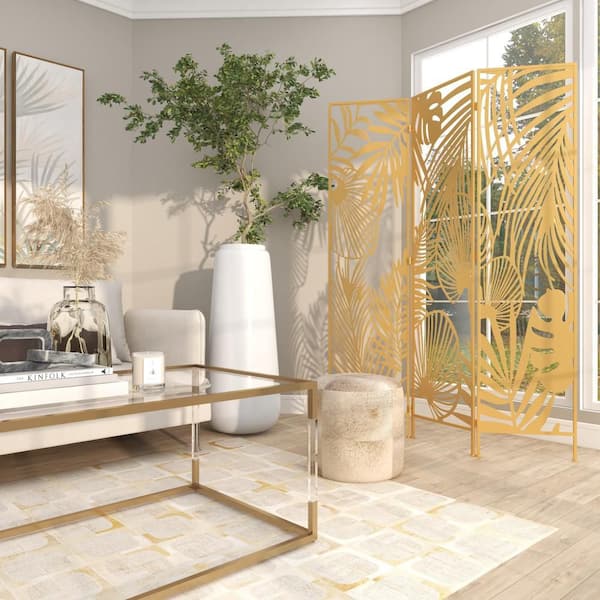 Litton Lane 6 ft. Gold 3 Panel Hinged Foldable Partition Room